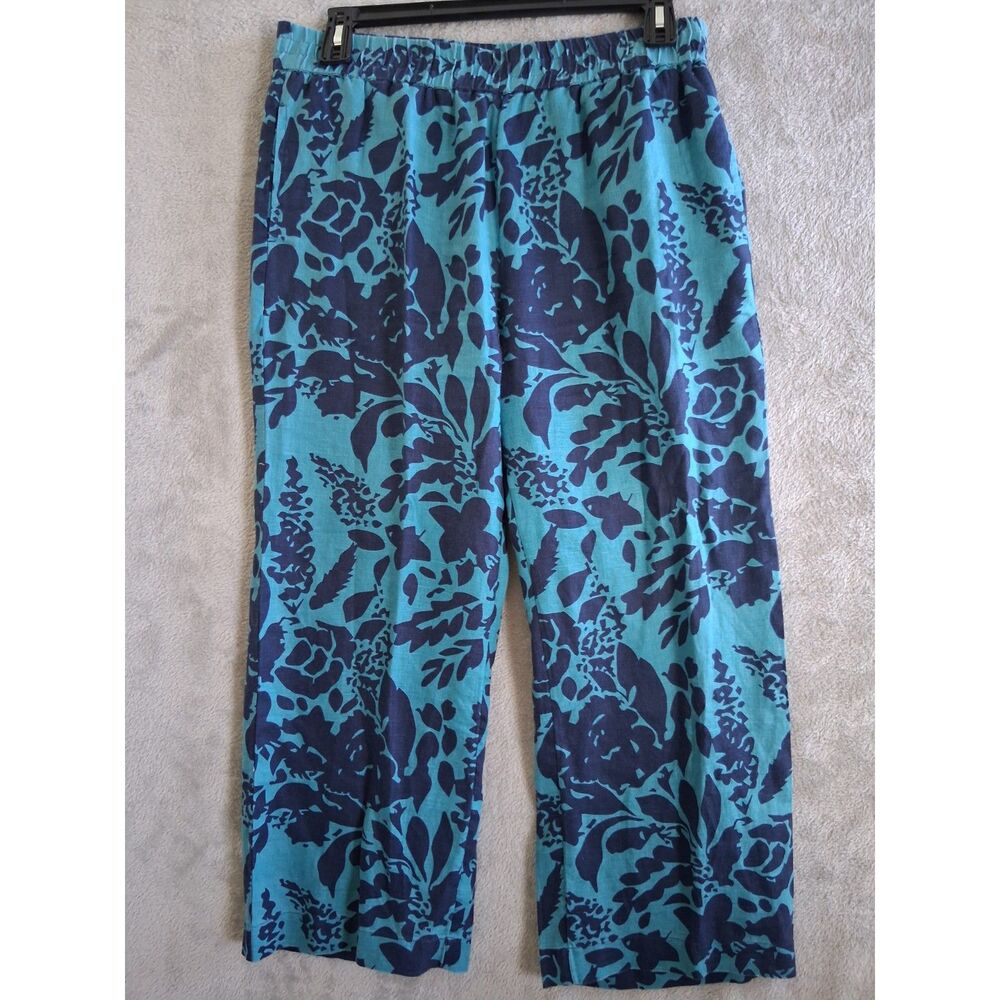 Soft Surroundings Pants Wide‎ Leg Linen Lg Petite Lucca Turquoise Navy Floral